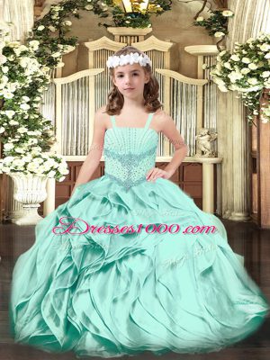 Latest Floor Length Lace Up Little Girl Pageant Dress Apple Green for Party and Quinceanera with Beading and Ruffles