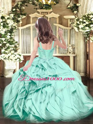 Latest Floor Length Lace Up Little Girl Pageant Dress Apple Green for Party and Quinceanera with Beading and Ruffles