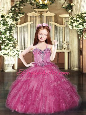 Hot Pink Lace Up Spaghetti Straps Beading and Ruffles Pageant Dress Toddler Tulle Sleeveless