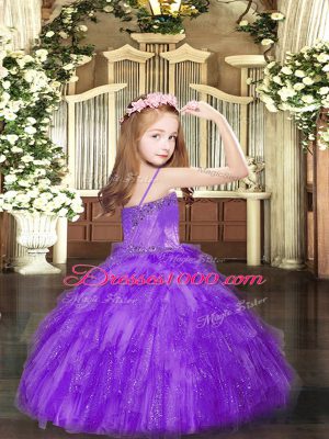 Hot Pink Lace Up Spaghetti Straps Beading and Ruffles Pageant Dress Toddler Tulle Sleeveless