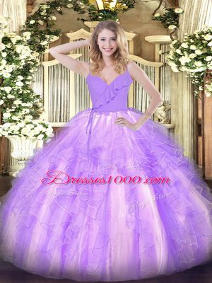 Amazing Lavender Quinceanera Dresses Military Ball and Sweet 16 and Quinceanera with Ruffles Spaghetti Straps Sleeveless Zipper