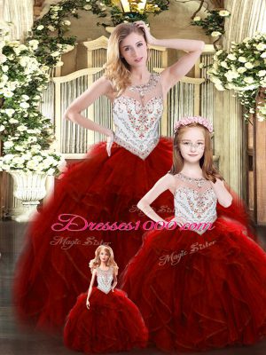 Beautiful Scoop Sleeveless Lace Up Sweet 16 Dresses Wine Red Tulle