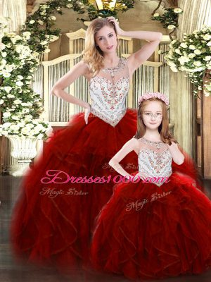 Beautiful Scoop Sleeveless Lace Up Sweet 16 Dresses Wine Red Tulle