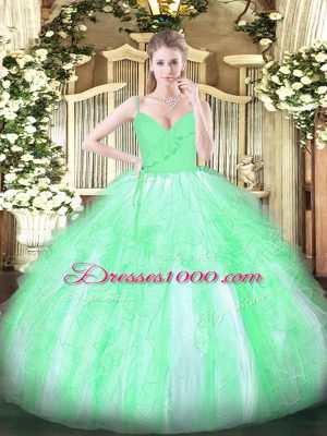 Custom Fit Ball Gowns 15 Quinceanera Dress Apple Green Spaghetti Straps Organza Sleeveless Floor Length Zipper