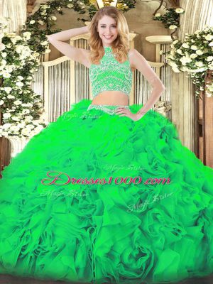 Green Sleeveless Floor Length Beading and Ruffles Backless Quince Ball Gowns