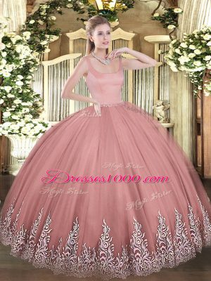 Ball Gowns Quinceanera Gowns Rust Red Straps Tulle Sleeveless Floor Length Zipper
