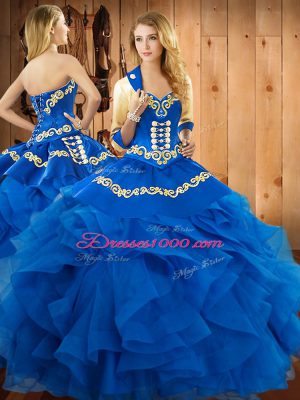Blue Sweetheart Neckline Embroidery and Ruffles Quinceanera Gown Sleeveless Lace Up