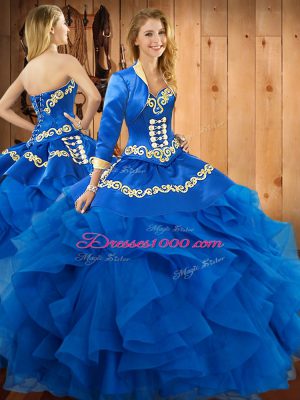 Blue Sweetheart Neckline Embroidery and Ruffles Quinceanera Gown Sleeveless Lace Up