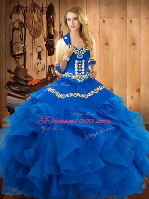 Blue Sweetheart Neckline Embroidery and Ruffles Quinceanera Gown Sleeveless Lace Up