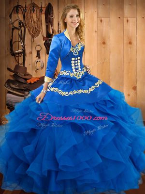 Blue Sweetheart Neckline Embroidery and Ruffles Quinceanera Gown Sleeveless Lace Up