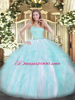 Top Selling Straps Sleeveless Zipper Quinceanera Dress Aqua Blue Tulle