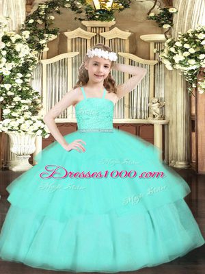 Inexpensive Apple Green Sleeveless Beading and Lace and Ruffled Layers Floor Length Pageant Dress Womens