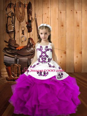 Custom Design Fuchsia Organza Lace Up Little Girls Pageant Gowns Sleeveless Floor Length Embroidery and Ruffles