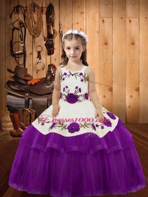 Custom Made Purple Sleeveless Embroidery and Ruffled Layers Floor Length Pageant Gowns For Girls