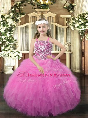 Rose Pink Ball Gowns Beading and Ruffles High School Pageant Dress Lace Up Organza Sleeveless Floor Length