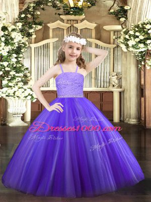 Sleeveless Tulle Floor Length Zipper Party Dresses in Lavender with Beading and Lace