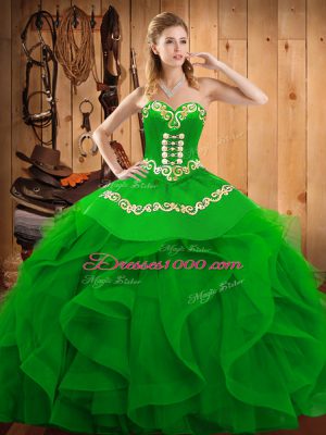 Affordable Green Quinceanera Gown Military Ball and Sweet 16 and Quinceanera with Embroidery and Ruffles Sweetheart Sleeveless Lace Up
