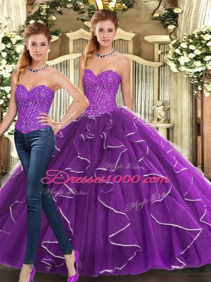 Fantastic Organza Sweetheart Sleeveless Lace Up Beading and Ruffles Sweet 16 Dresses in Eggplant Purple