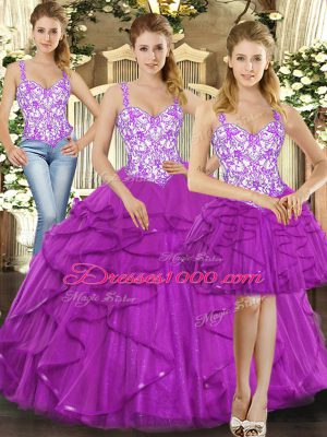 Floor Length Lace Up Quinceanera Dress Fuchsia for Military Ball and Quinceanera with Beading and Ruffles