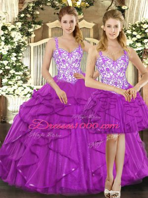 Floor Length Lace Up Quinceanera Dress Fuchsia for Military Ball and Quinceanera with Beading and Ruffles