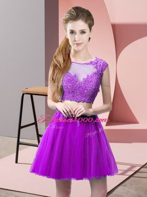 Attractive Eggplant Purple Two Pieces Tulle Scoop Sleeveless Appliques Mini Length Zipper Prom Dresses