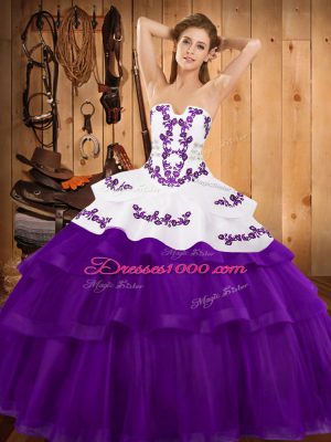 Purple Ball Gowns Tulle Strapless Sleeveless Embroidery and Ruffled Layers Lace Up Sweet 16 Dress Sweep Train