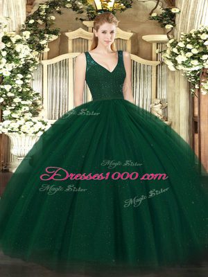 Discount Dark Green Ball Gowns Beading 15th Birthday Dress Zipper Tulle and Sequined Sleeveless Floor Length