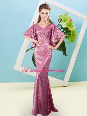 Floor Length Mermaid Half Sleeves Pink Dress for Prom Zipper