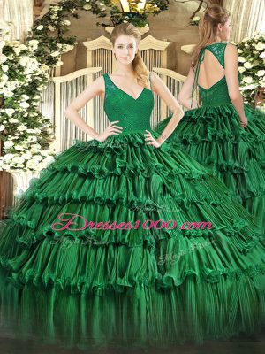 Low Price V-neck Sleeveless Quinceanera Dresses Floor Length Beading and Ruffled Layers Dark Green Organza