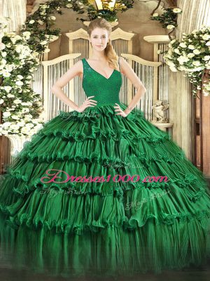 Low Price V-neck Sleeveless Quinceanera Dresses Floor Length Beading and Ruffled Layers Dark Green Organza
