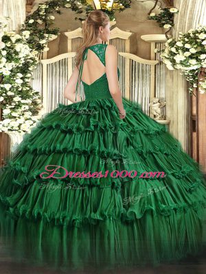 Low Price V-neck Sleeveless Quinceanera Dresses Floor Length Beading and Ruffled Layers Dark Green Organza