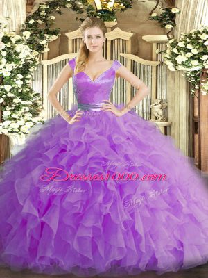 Lilac Sleeveless Organza Zipper Quinceanera Gowns for Military Ball and Sweet 16 and Quinceanera