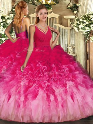 Multi-color Ball Gowns V-neck Sleeveless Tulle Floor Length Backless Beading and Ruffles 15 Quinceanera Dress