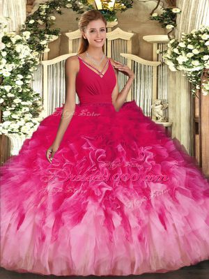 Multi-color Ball Gowns V-neck Sleeveless Tulle Floor Length Backless Beading and Ruffles 15 Quinceanera Dress