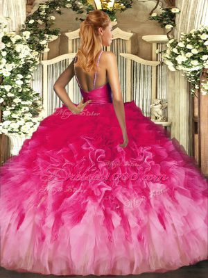 Multi-color Ball Gowns V-neck Sleeveless Tulle Floor Length Backless Beading and Ruffles 15 Quinceanera Dress