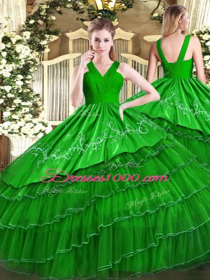 Artistic Embroidery and Ruffled Layers Quinceanera Dresses Green Zipper Sleeveless Floor Length