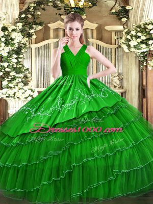 Artistic Embroidery and Ruffled Layers Quinceanera Dresses Green Zipper Sleeveless Floor Length