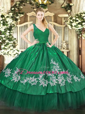 Noble Dark Green Ball Gowns Taffeta V-neck Sleeveless Beading and Appliques Floor Length Zipper Sweet 16 Dresses