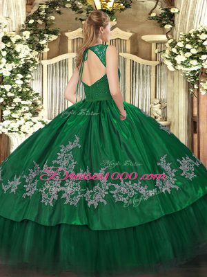 Noble Dark Green Ball Gowns Taffeta V-neck Sleeveless Beading and Appliques Floor Length Zipper Sweet 16 Dresses