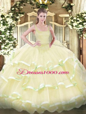 Light Yellow Straps Zipper Beading and Ruffled Layers Ball Gown Prom Dress Sleeveless