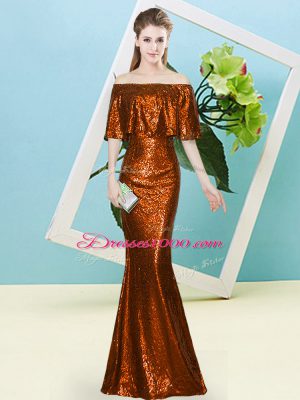 Simple Half Sleeves Floor Length Sequins Zipper Homecoming Dress with Rust Red
