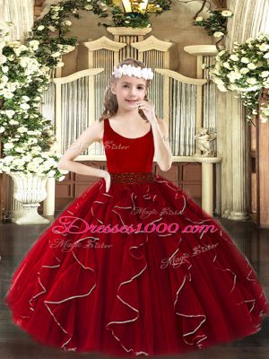 Customized Floor Length Wine Red Pageant Dress for Girls Organza Sleeveless Beading and Ruffles