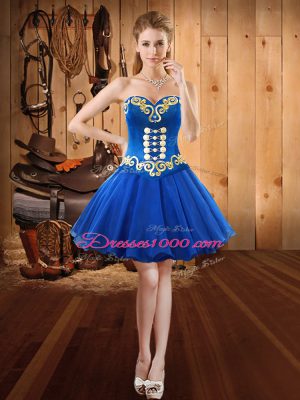 Noble Royal Blue Lace Up Prom Dress Embroidery Sleeveless Mini Length