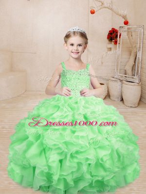 Wonderful Floor Length Lace Up Little Girl Pageant Gowns Apple Green for Sweet 16 and Quinceanera with Beading and Ruffles
