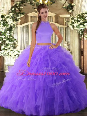 Attractive Lavender Sleeveless Floor Length Beading and Ruffles Backless Ball Gown Prom Dress