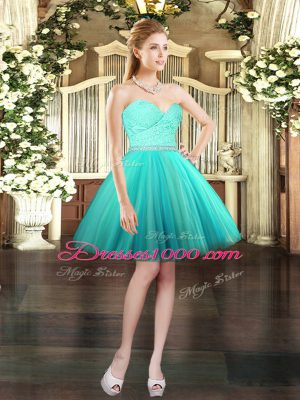 Inexpensive Mini Length Lace Up Prom Evening Gown Aqua Blue for Prom and Party with Beading and Lace