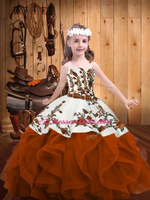 Charming Sleeveless Floor Length Embroidery and Ruffles Lace Up Girls Pageant Dresses with Rust Red