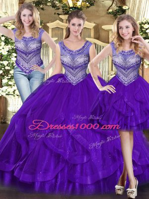 Graceful Purple Ball Gowns Beading and Ruffles Ball Gown Prom Dress Lace Up Tulle Sleeveless Floor Length