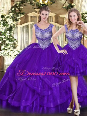 Graceful Purple Ball Gowns Beading and Ruffles Ball Gown Prom Dress Lace Up Tulle Sleeveless Floor Length