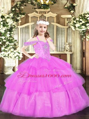 Nice Lilac Ball Gowns Organza Off The Shoulder Sleeveless Beading and Ruffled Layers Floor Length Lace Up High School Pageant Dress